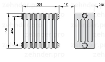 Схема (чертеж) Радиатор Zehnder Charleston 6055/8 №1270 Белый глянцевый RAL 9016